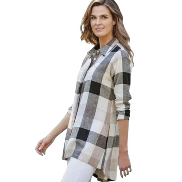 Soft Surroundings Plaid Carreaux Linen Blend Button Up Back Zip Shirt Small - Picture 1 of 13